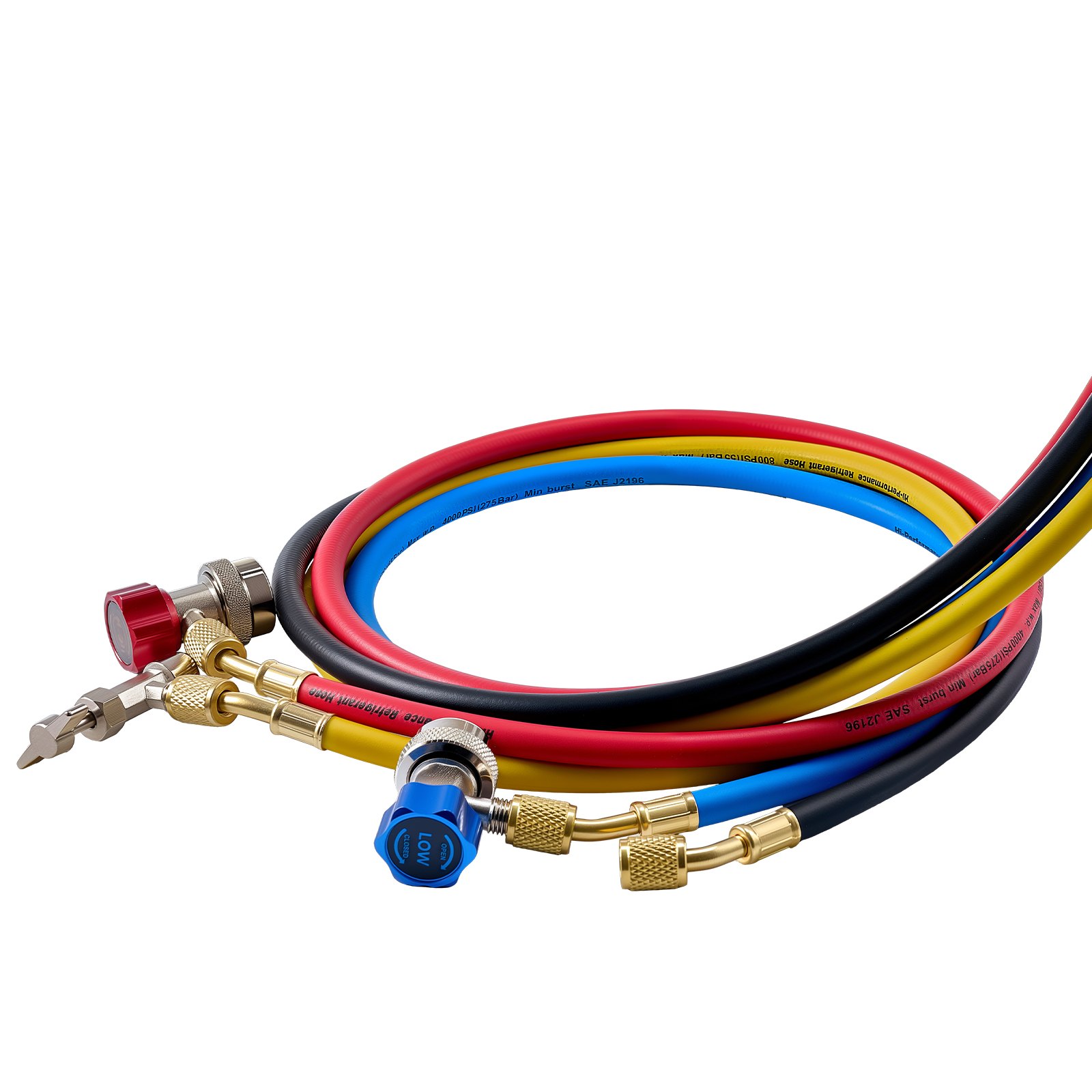 VEVOR AC airconditioning drukmeterset voor R134a, R404a, R1234y en R22 koudemiddelen, 4-weg drukmeter met 1,5 m slangen, adapters, snelkoppelingen en aansluitklemmen. Geschikt voor auto-airconditioningsystemen.