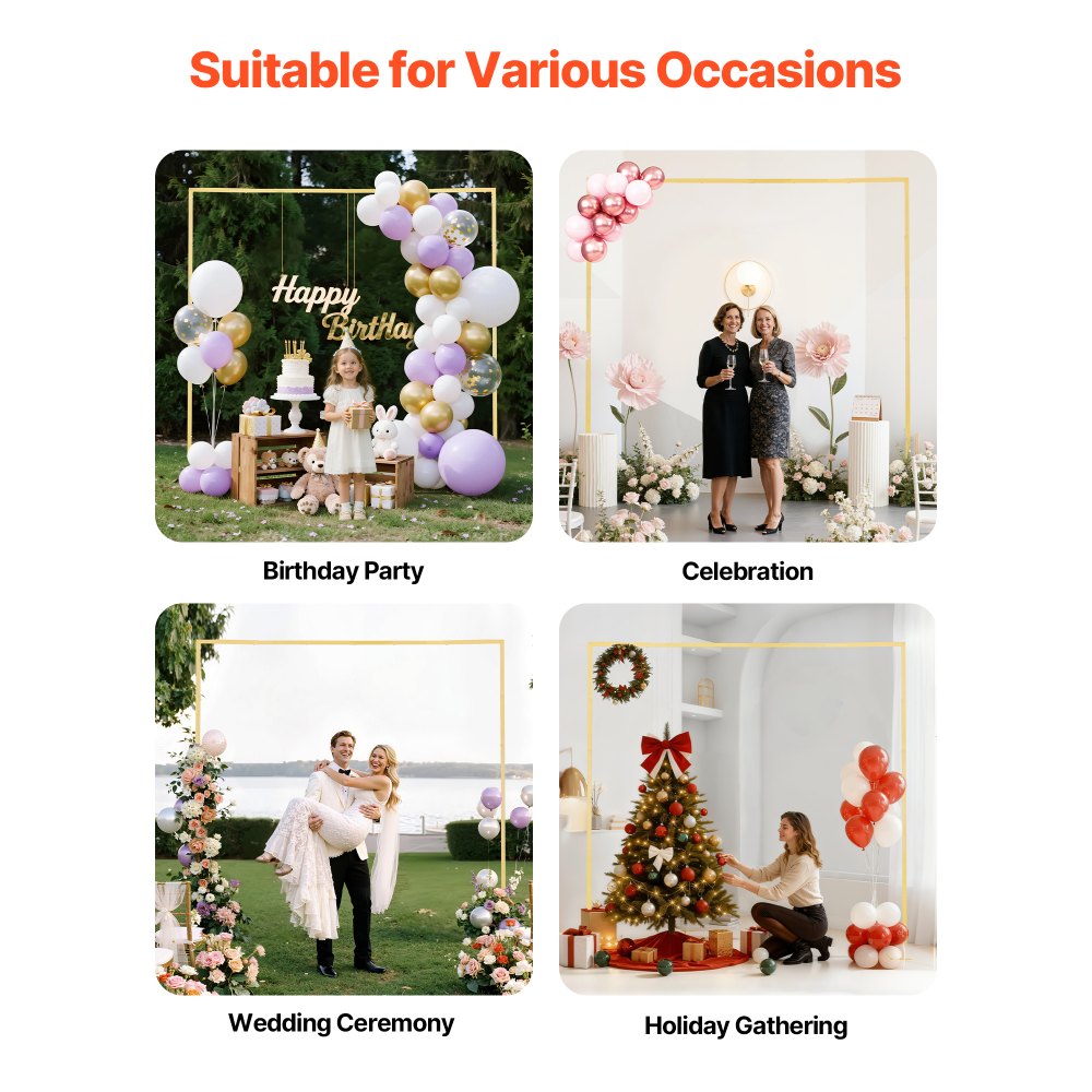 VEVOR Boogstandaard, 2,4 x 2,4 m, Trouwboog, Vierkante Gouden Metalen Boog Achtergrondstandaard voor Bruiloften, Verjaardagsfeesten, Afstudeerfeesten, Vakantie en Ceremoniedecoratie