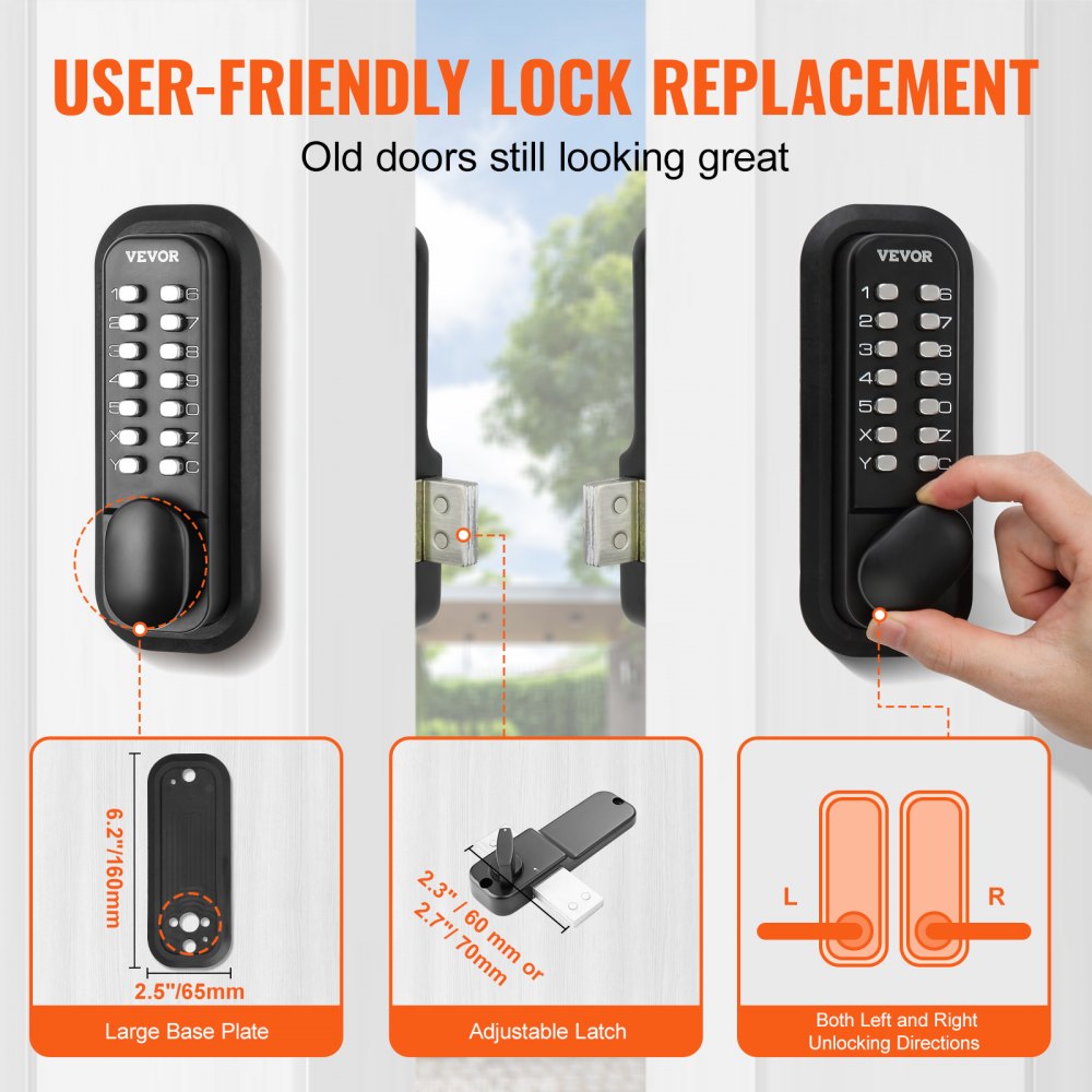 VEVOR Sleutelloos Deurslot met Mechanisch Codeslot, 40/50 mm Retro Stijl 14 Wachtwoordslot, 35-65 mm Deurdikte Combinatiecode Deurslot Geschikt voor Garage, Hotel, Kantoor, Studio, etc.