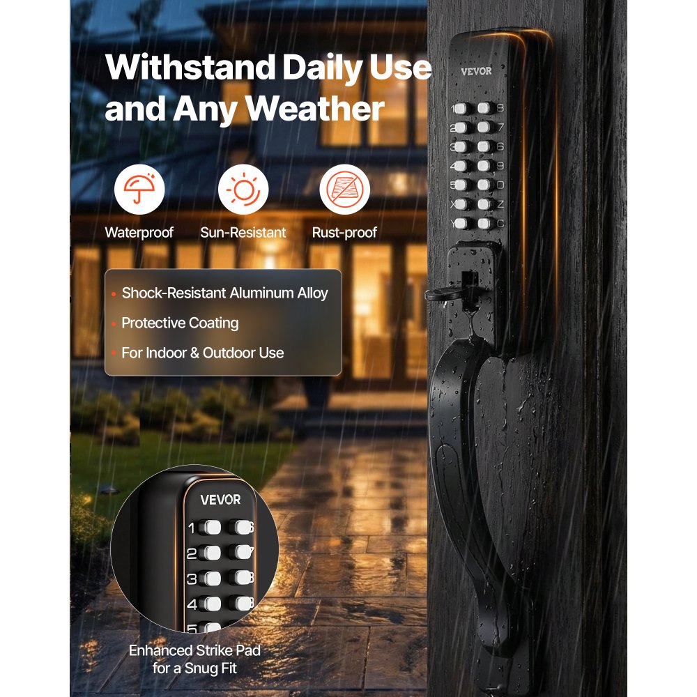 VEVOR Mechanical Keyless Entry Door Lock, 2.0 Code Upgrade, 4-7 Digits Code, Double-Sided Push Button Combination Keypad Door Lock with Pull Handle, Auto Locking, for Garden Gates, Indoor or Outdoor