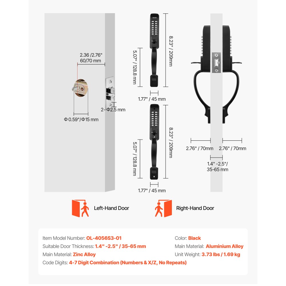 VEVOR Mechanisch combinatieslot met dubbelzijdig toetsenbord (4- tot 7-cijferige code), sleutelloos deurslot met handgreep en automatische vergrendeling, voor voordeuren, tuinpoorten, garages, zwart