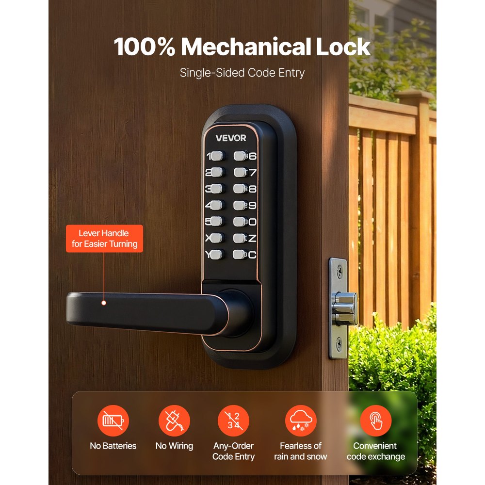 VEVOR Mechanisch Codeslot met Enkelzijdig Toetsenbord (4- tot 7-cijferige code), Sleutelloos Deurslot met Handgreep & Automatische Vergrendeling, voor Voordeuren en Garages, Oliebronskleurige Afwerking