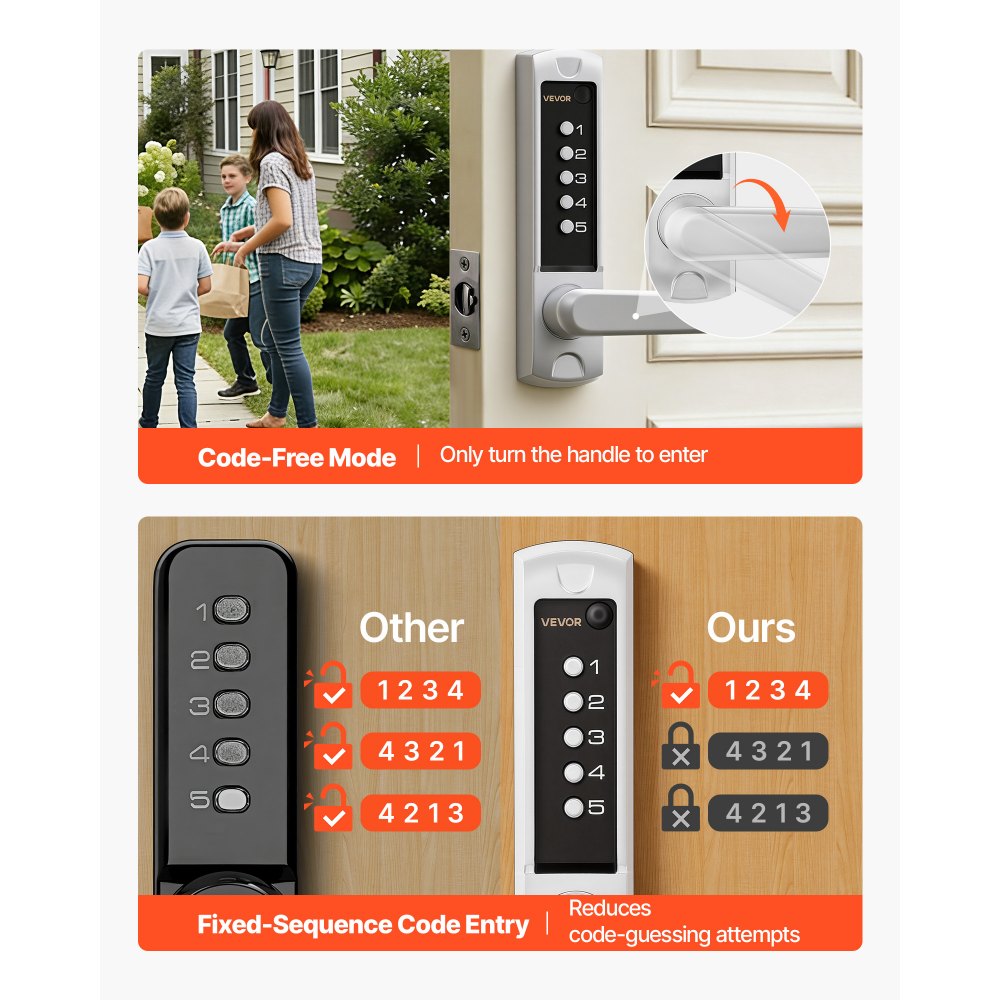 VEVOR Mechanical Keyless Entry Door Lock, 2.0 Code Upgrade, 5 Digits Code, Single-Sided Push Button Combination Keypad Door Lock with Handle, Auto Locking, for Garden Gates, Indoor or Outdoor, Silver
