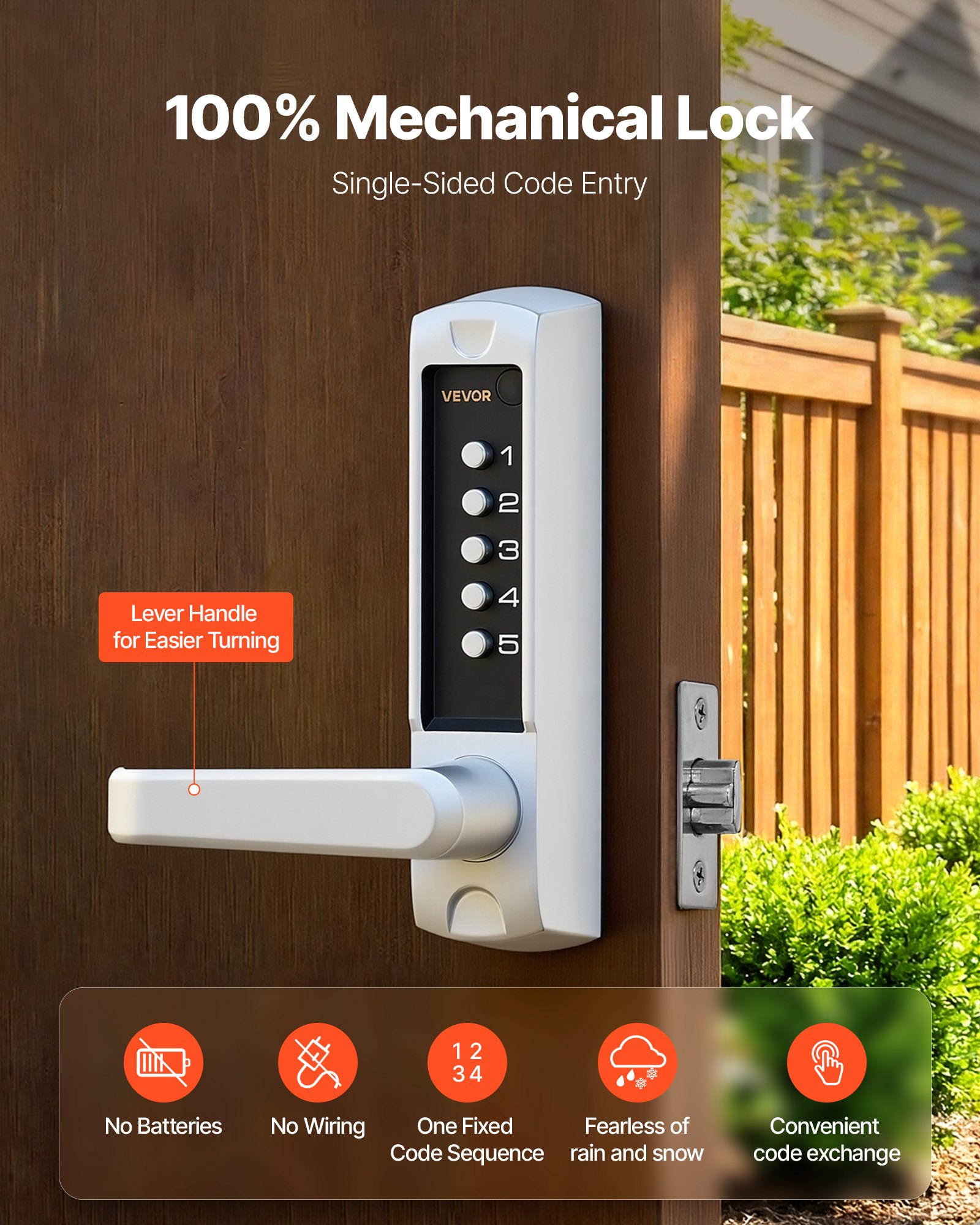VEVOR Mechanical Keyless Entry Door Lock, 2.0 Code Upgrade, 5 Digits Code, Single-Sided Push Button Combination Keypad Door Lock with Handle, Auto Locking, for Garden Gates, Indoor or Outdoor, Silver