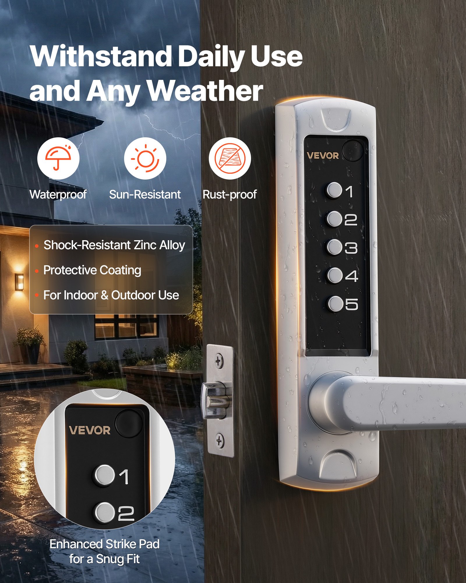 VEVOR Mechanical Keyless Entry Door Lock, 2.0 Code Upgrade, 5 Digits Code, Single-Sided Push Button Combination Keypad Door Lock with Handle, Auto Locking, for Garden Gates, Indoor or Outdoor, Silver