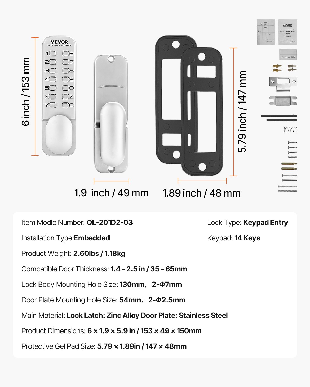 VEVOR Mechanisch sleutelloos deurslot met enkelzijdig toetsenbord (14 sleutels), sleutelloos deurslot van roestvrij staal, codeslot voor thuis, kantoor, buitenomheining, garage, tuin, zilver