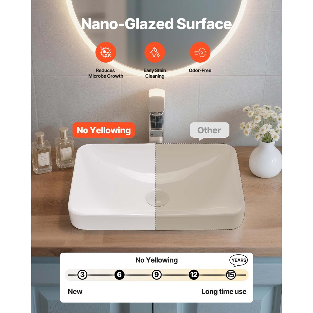 VEVOR Semi Recessed Bathroom Sink, 19.29 x 12.01 Inch Rectangular White Ceramic Vessel Sink with 1-3/4 Inch Drain Hole, Drop in Modern Lavatory Vanity Bath Wash Bowl Basin, Rectangle for Small Space