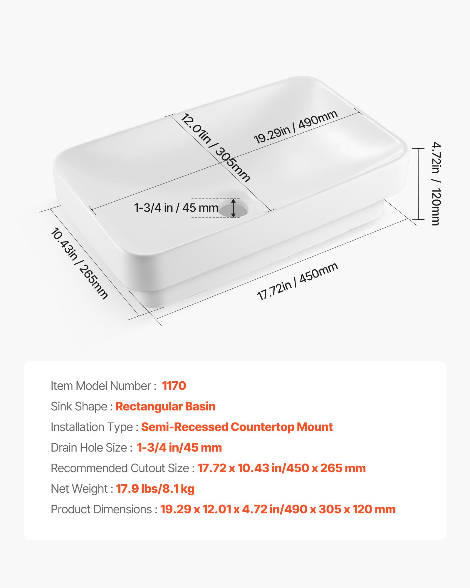 VEVOR Semi Recessed Bathroom Sink, 19.29 x 12.01 Inch Rectangular White Ceramic Vessel Sink with 1-3/4 Inch Drain Hole, Drop in Modern Lavatory Vanity Bath Wash Bowl Basin, Rectangle for Small Space