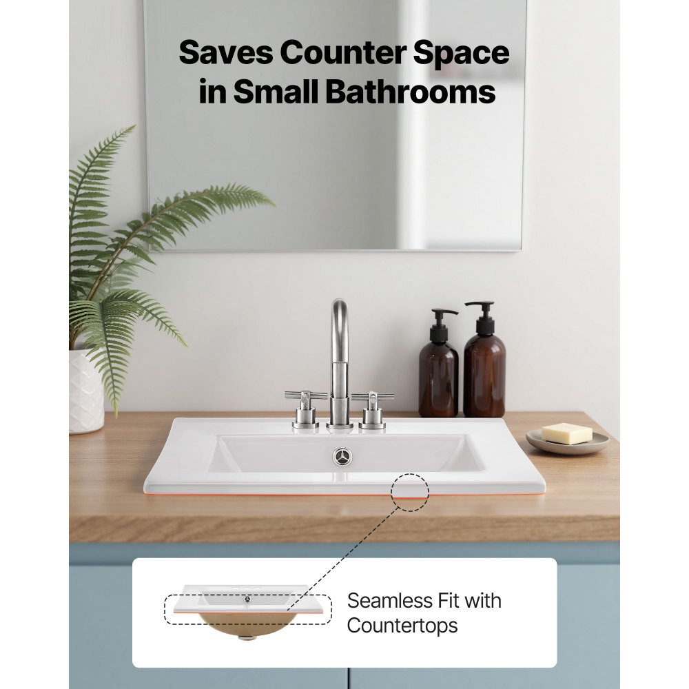 VEVOR Semi Recessed Bathroom Sink, 20.08 x 18.31 Inch Rectangular White Ceramic Vessel Sink with Overflow and 3 Faucet Holes, Drop in Modern Lavatory Vanity Bath Wash Bowl Basin Rectangle Small Space