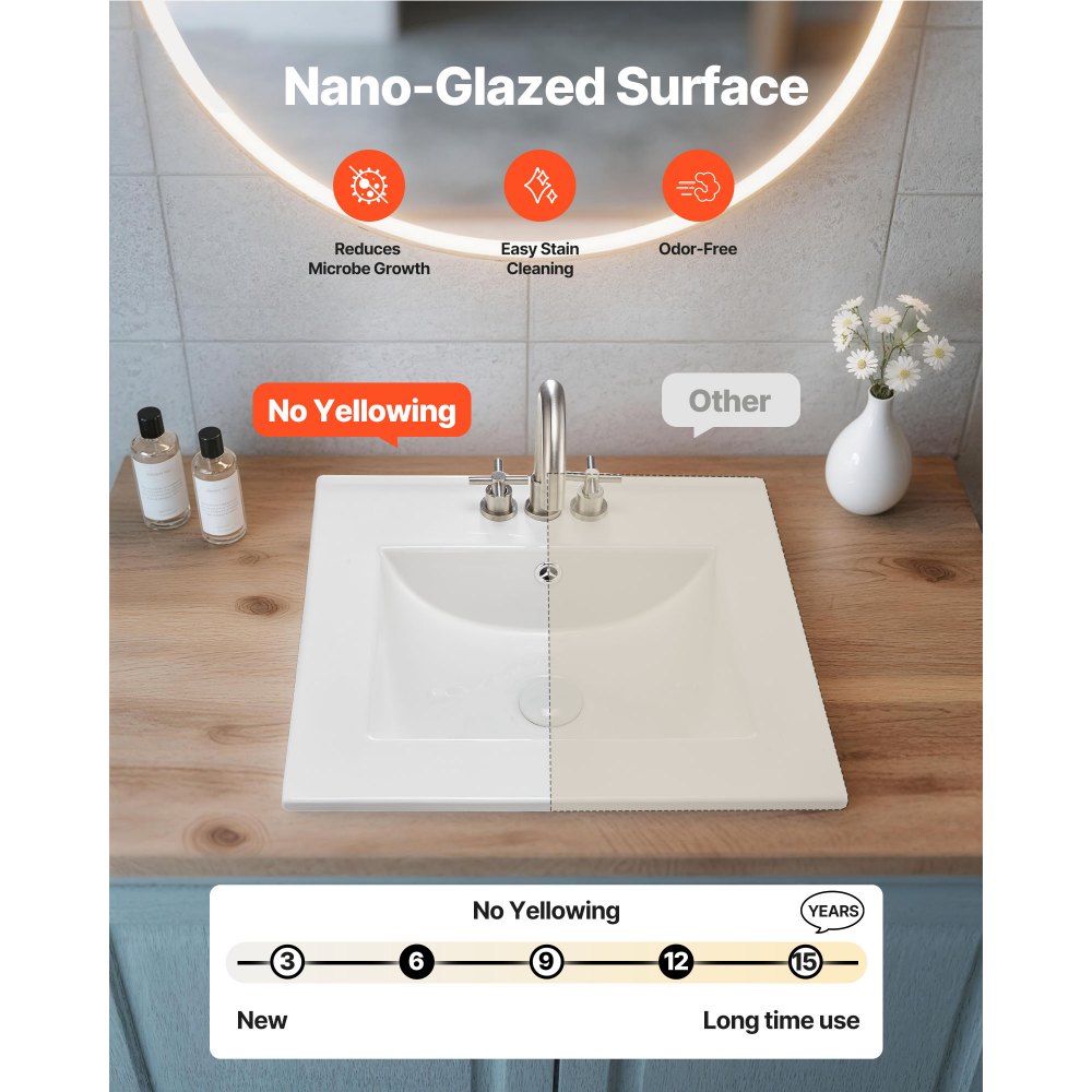 VEVOR Semi Recessed Bathroom Sink, 20.08 x 18.31 Inch Rectangular White Ceramic Vessel Sink with Overflow and 3 Faucet Holes, Drop in Modern Lavatory Vanity Bath Wash Bowl Basin Rectangle Small Space