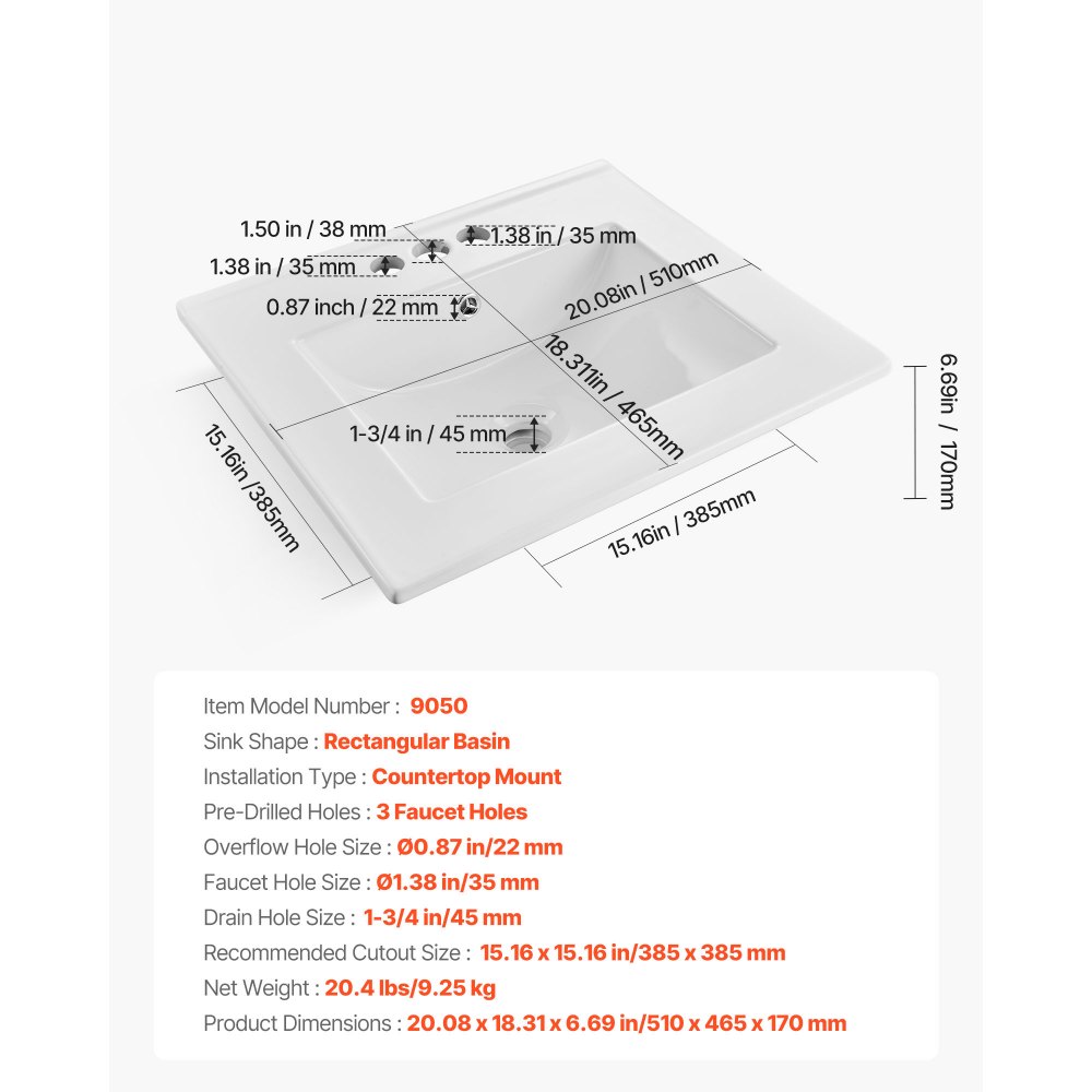 VEVOR Semi Recessed Bathroom Sink, 20.08 x 18.31 Inch Rectangular White Ceramic Vessel Sink with Overflow and 3 Faucet Holes, Drop in Modern Lavatory Vanity Bath Wash Bowl Basin Rectangle Small Space