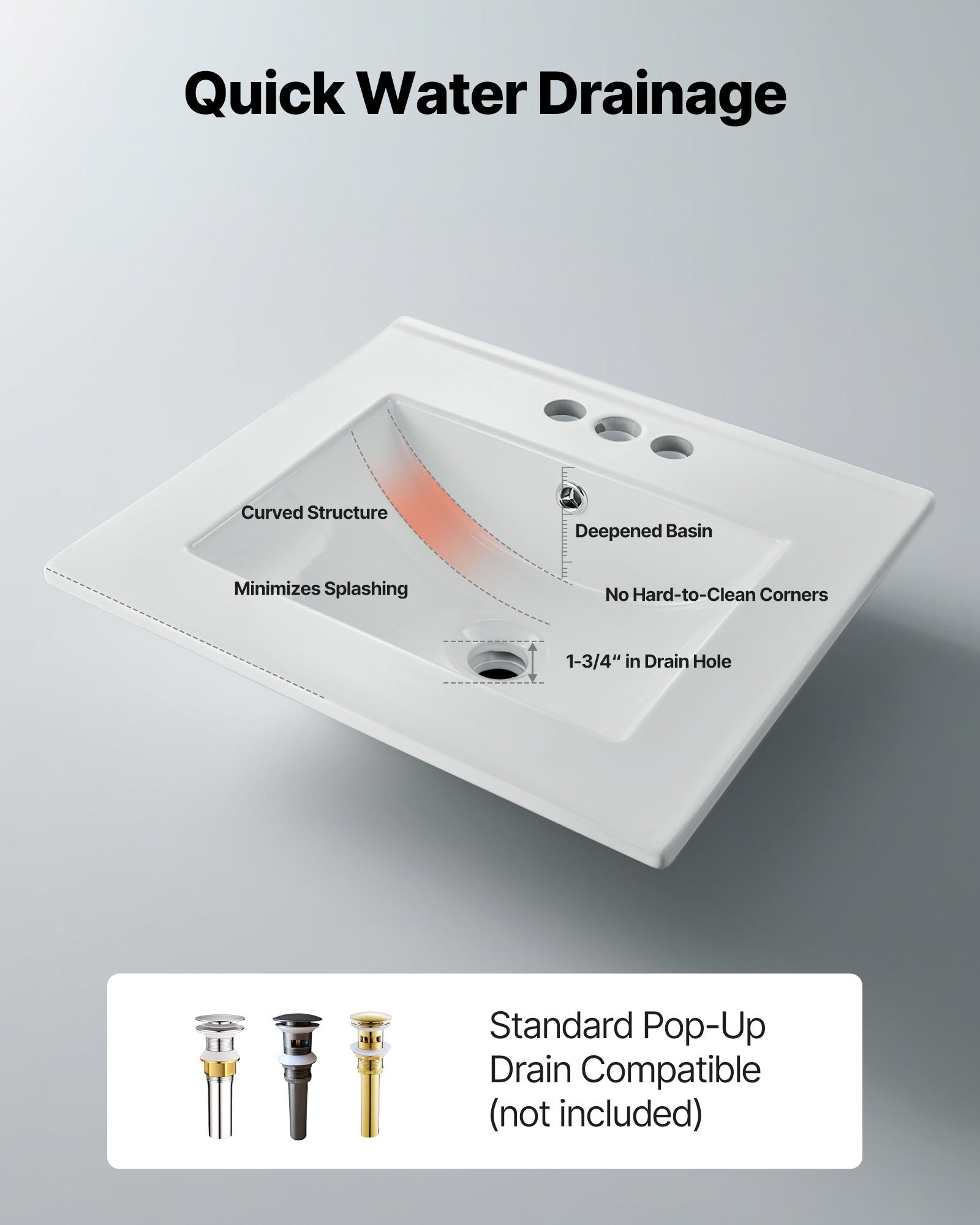 VEVOR Semi Recessed Bathroom Sink, 20.08 x 18.31 Inch Rectangular White Ceramic Vessel Sink with Overflow and 3 Faucet Holes, Drop in Modern Lavatory Vanity Bath Wash Bowl Basin Rectangle Small Space