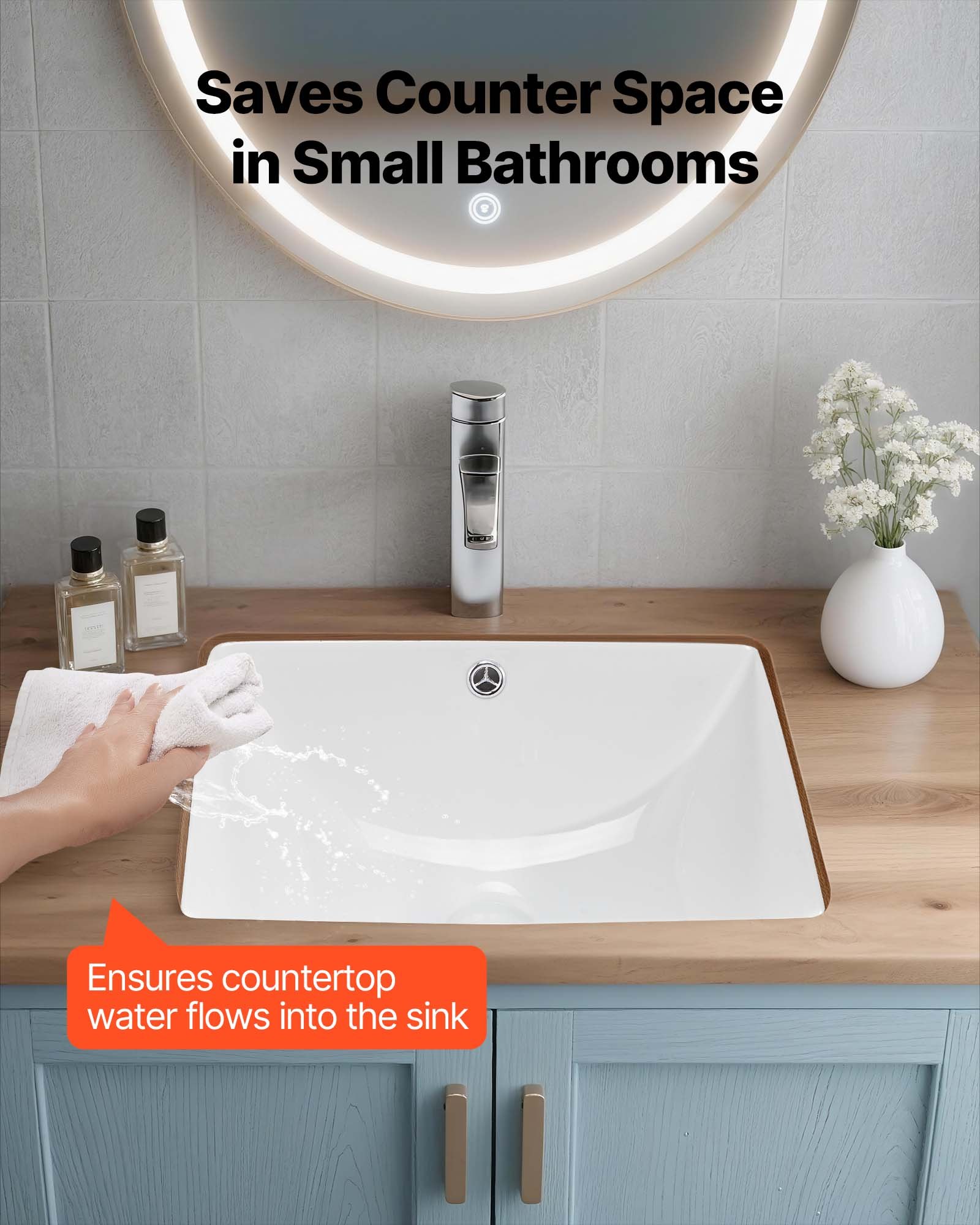 VEVOR Undermount Bathroom Sink, 18.11 x 12.99 Inch Rectangular White Ceramic Vessel Sink with Overflow Hole, Under Counter Drop in Modern Lavatory Vanity Bath Wash Bowl Basin, Rectangle Small Space