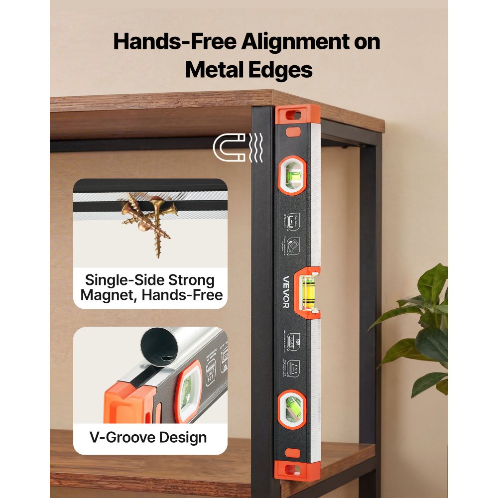 VEVOR 3-delige waterpasset, 225/400/600 mm schaalverdeling met 3 libellen, 90°/45°/0° & 0,5 mm/m nauwkeurigheid, magnetische metselaarswaterpas met V-groef en ophanggat, meetinstrument voor bouwplaatsen en huisrenovaties.