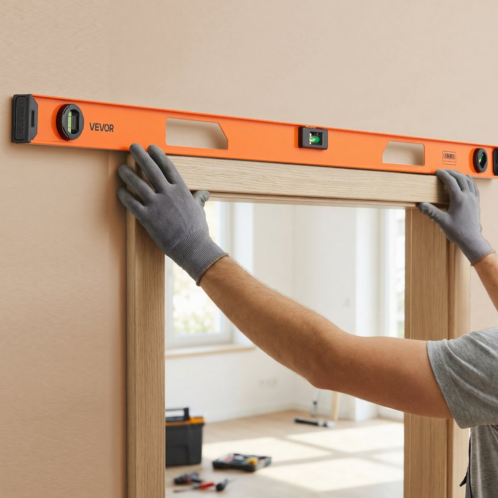 VEVOR 4-delige waterpasset, 40/60/90/120 cm schaalverdeling met 3 libellen, 90°/45°/0° & 0,5 mm/m nauwkeurigheid, metselwaterpas met ophanggat, schokbestendig meetinstrument voor bouwplaatsen en huisrenovaties.
