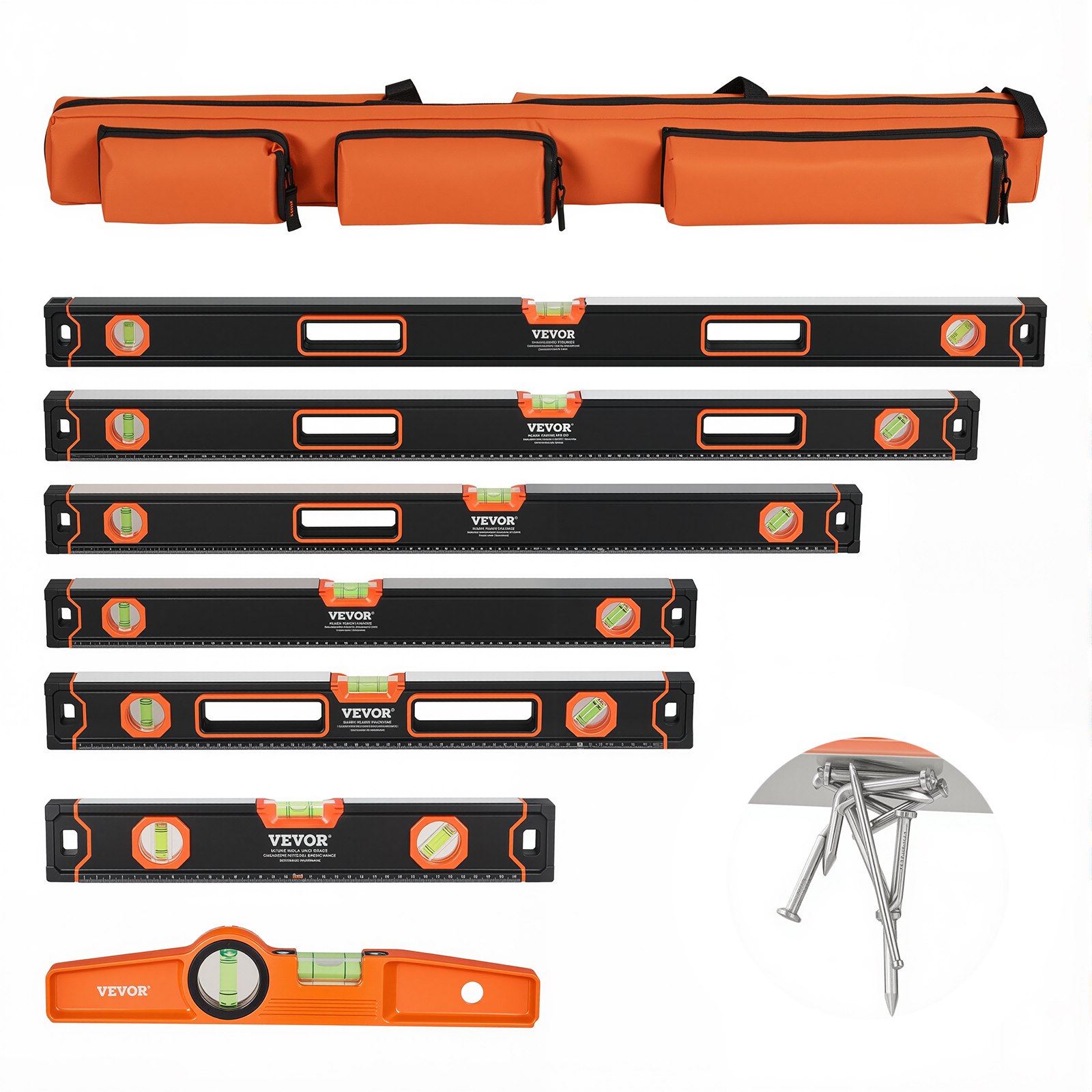 VEVOR 6-Piece Torpedo Level, 78/48/32/24/16/10 Inch Box Levels Set, Bubble Vials Ruler for 45/90/180 Degree, Shock-Proof Aluminum Alloy Magnetic Leveler Tool, SAE/Metric Scale(Only 10-inch has magnet)