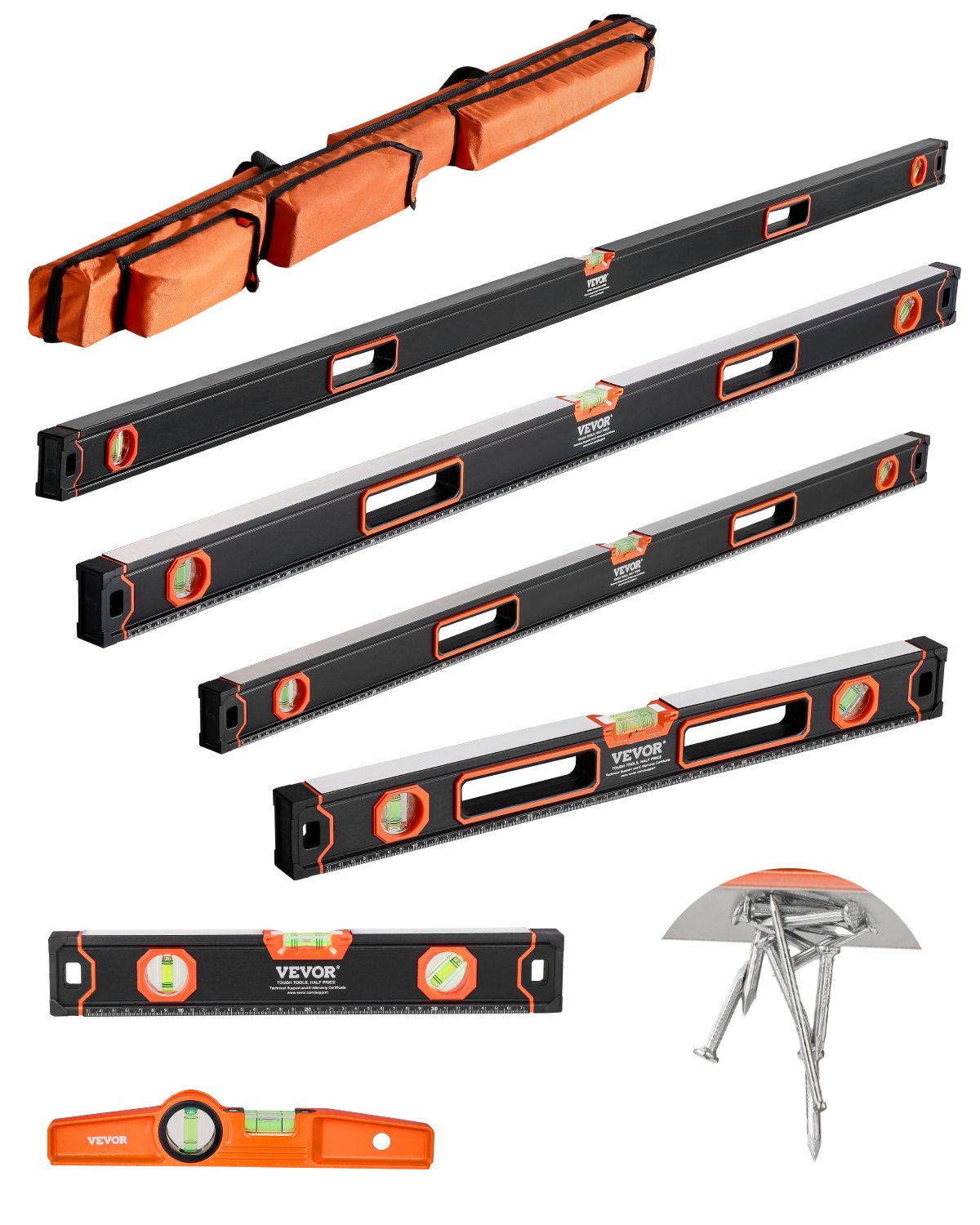 VEVOR Waterpassen Set van 6, 200/120/80/60/40/25cm, Meetinstrument met libellen voor 45/90/180 graden, Magnetische waterpas in doos van aluminiumlegering, Schokbestendig, SAE & metrische schaal