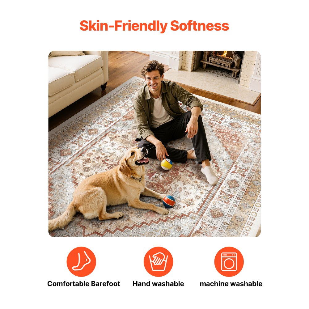 VEVOR Area Rug, 9 x 12 ft Large Washable Rug, Non-Slip and Tear-Resistant Soft Carpet, Pet & Child Friendly Vintage Area Rugs, Indoor Mat for Bedroom, Living Room, Kids Room, Office, Brown Red