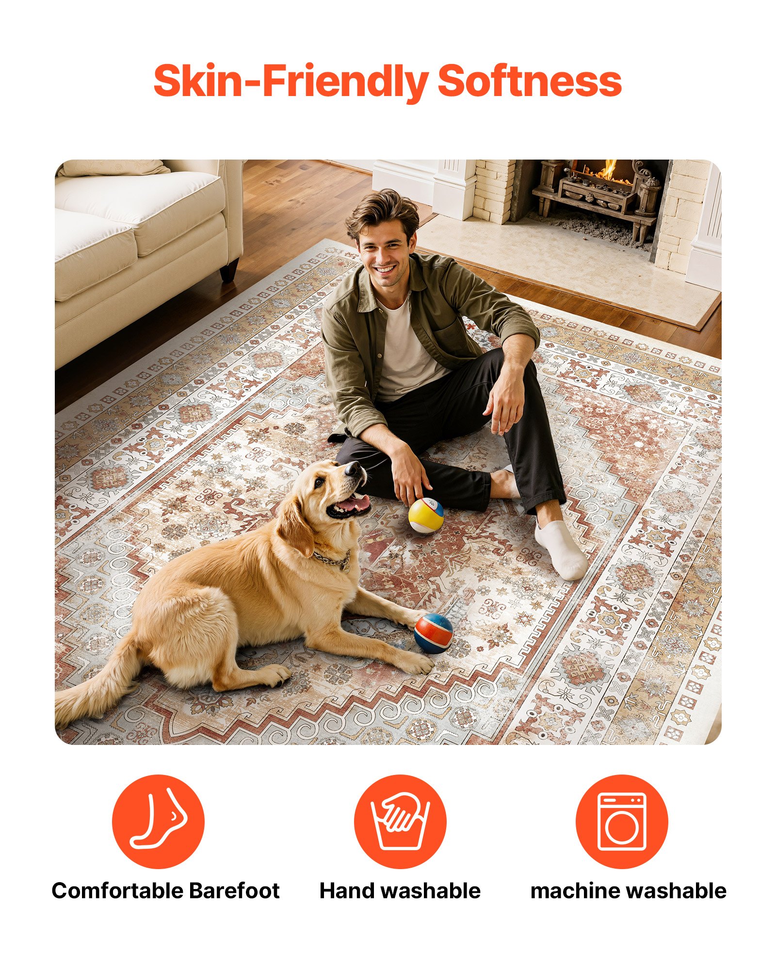 VEVOR Area Rug, 9 x 12 ft Large Washable Rug, Non-Slip and Tear-Resistant Soft Carpet, Pet & Child Friendly Vintage Area Rugs, Indoor Mat for Bedroom, Living Room, Kids Room, Office, Brown Red