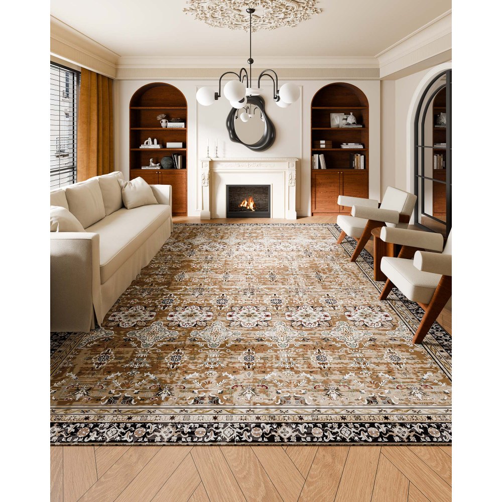 VEVOR Area Rug, 9 x 12 ft Large Washable Rug, Non-Slip and Tear-Resistant Soft Carpet, Pet & Child Friendly Vintage Area Rugs, Indoor Mat for Bedroom, Living Room, Kids Room, Office, Brown Green
