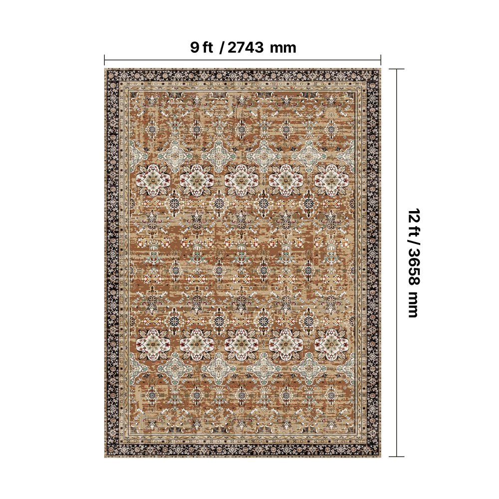 VEVOR Area Rug, 9 x 12 ft Large Washable Rug, Non-Slip and Tear-Resistant Soft Carpet, Pet & Child Friendly Vintage Area Rugs, Indoor Mat for Bedroom, Living Room, Kids Room, Office, Brown Green