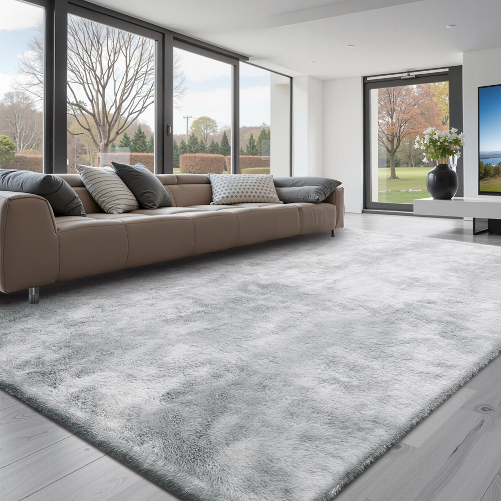 VEVOR Indoor Plush Area Rugs, 9 x 12 ft Soft Plush Carpet, Furry Shag Area Rugs for Living Room, Bedroom, Modern Home Decor Aesthetic Long-Pile Rug, Non-Shedding, Slip-Resistant, Tie-Dye Light Gray