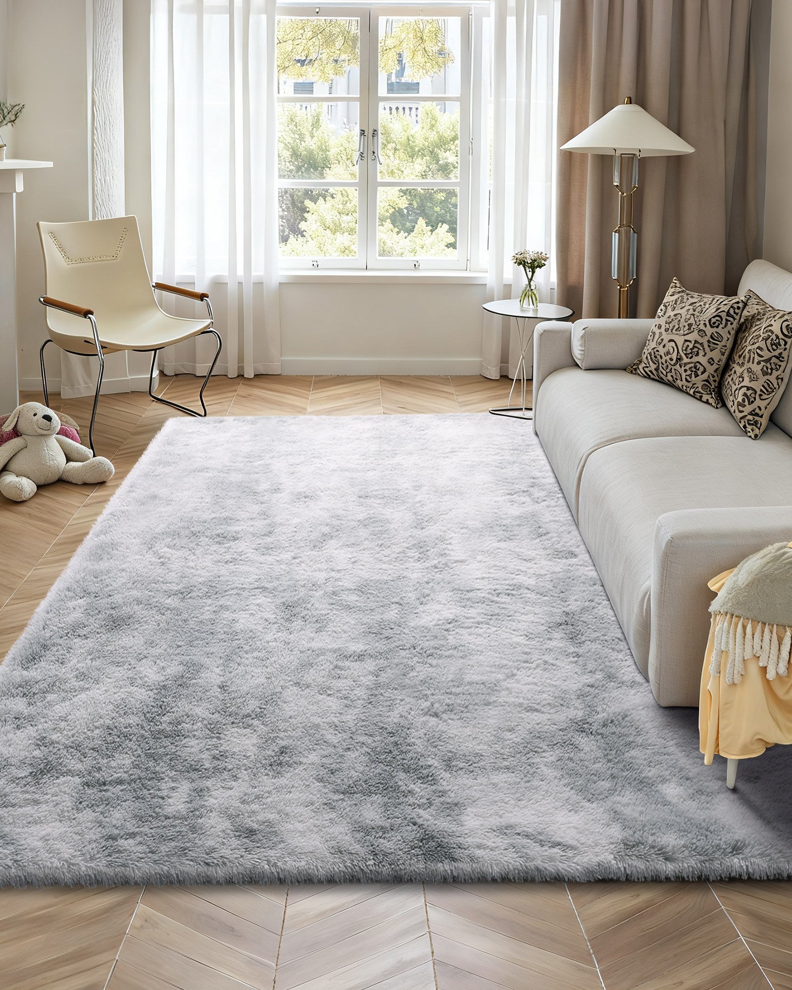 VEVOR Indoor Plush Area Rugs, 9 x 12 ft Soft Plush Carpet, Furry Shag Area Rugs for Living Room, Bedroom, Modern Home Decor Aesthetic Long-Pile Rug, Non-Shedding, Slip-Resistant, Tie-Dye Light Gray