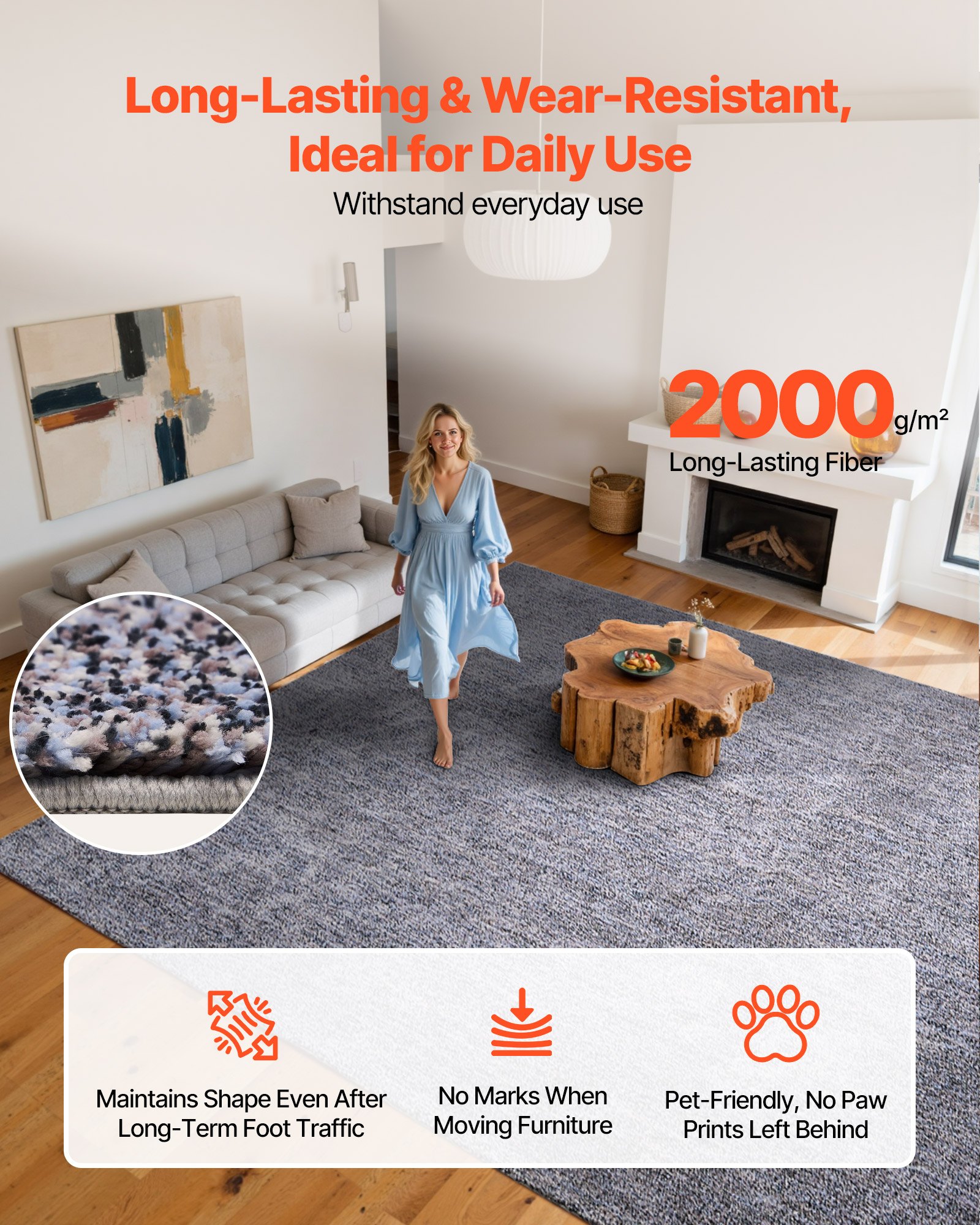 VEVOR Indoor Plush Area Rugs, 9 x 12 ft Plush Carpet, Area Rugs Furry with Long Plushs Pile, Thick & Durable High-Pile Rug for High-Traffic Areas, Non-Shedding & Non-Slip Backing, Blue-Gray