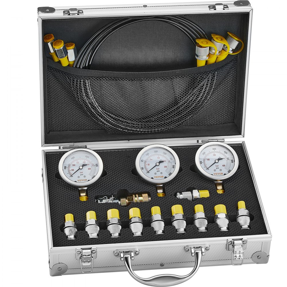 VEVOR hydraulische druktestset, 250 / 400 / 600 bar, 3 manometers, 11 testkoppelingen, 3 testslangen, hydraulische testset voor graafmachines, tractoren en bouwmachines met draagbare koffer.