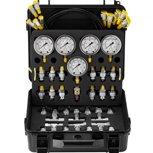VEVOR hydraulische druktestset, 10/100/250/400/600 bar, 5 meters, 13 koppelingen, 14 T-connectoren, 5 testslangen, hydraulische testmeterset voor graafmachines met draagtas voor graafmachines