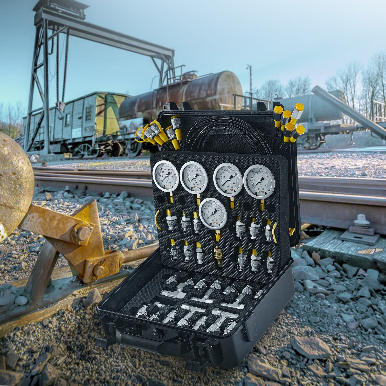 VEVOR hydraulische druktestset, 10/100/250/400/600 bar, 5 meters, 13 koppelingen, 14 T-connectoren, 5 testslangen, hydraulische testset voor graafmachines met draagtas voor graafmachines en tractoren