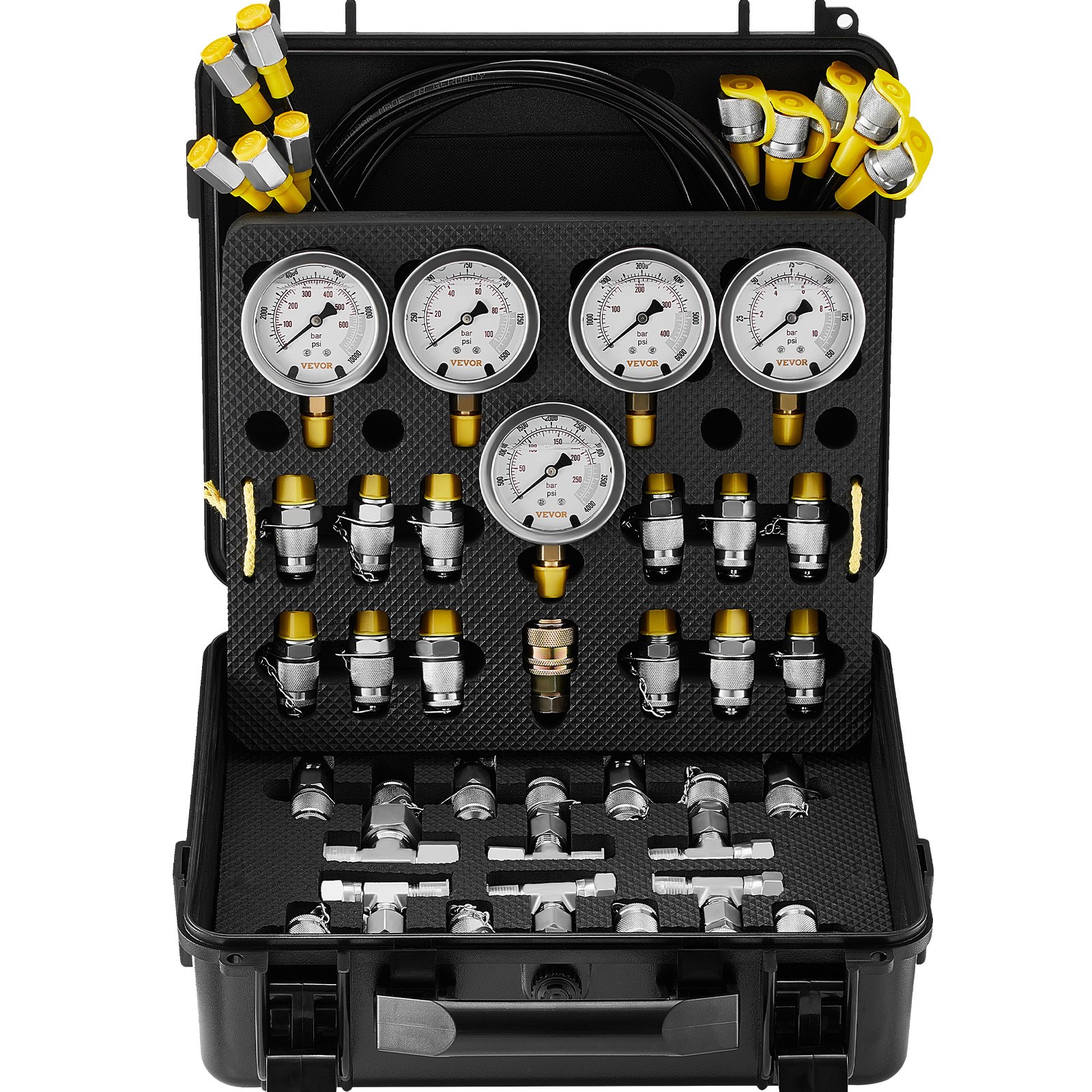 VEVOR hydraulische druktestset, 10/100/250/400/600 bar, 5 meters, 13 koppelingen, 14 T-connectoren, 5 testslangen, hydraulische testset voor graafmachines met draagtas voor graafmachines en tractoren