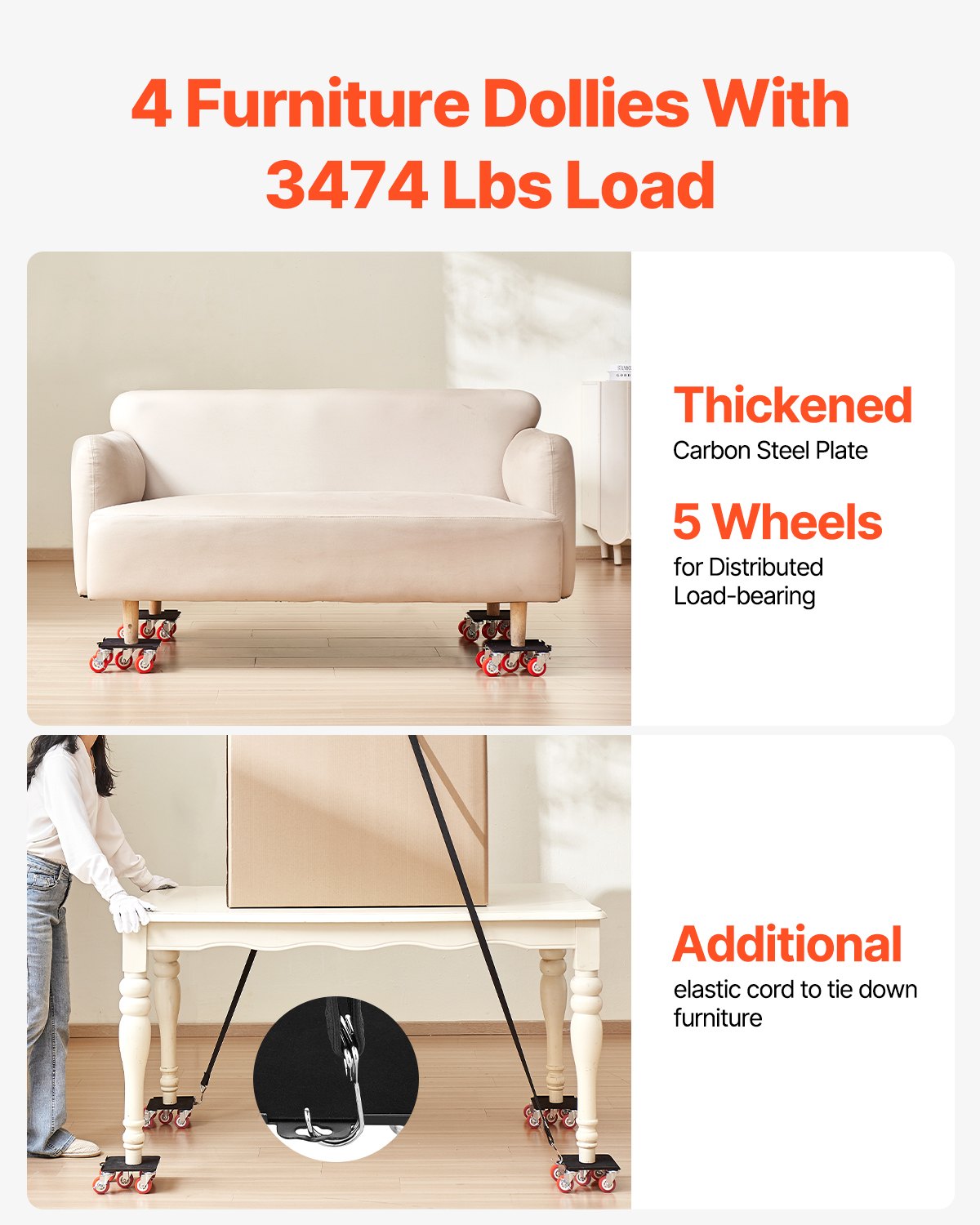 VEVOR Furniture Dolly, Maximum Load 3474 lbs, Heavy Duty Furniture Movers with 5 360° Rotation Wheels, Carbon Steel Panel, Furniture Lift Slider Tool Set for Appliances, Sofa, Fridge, Washing Machine
