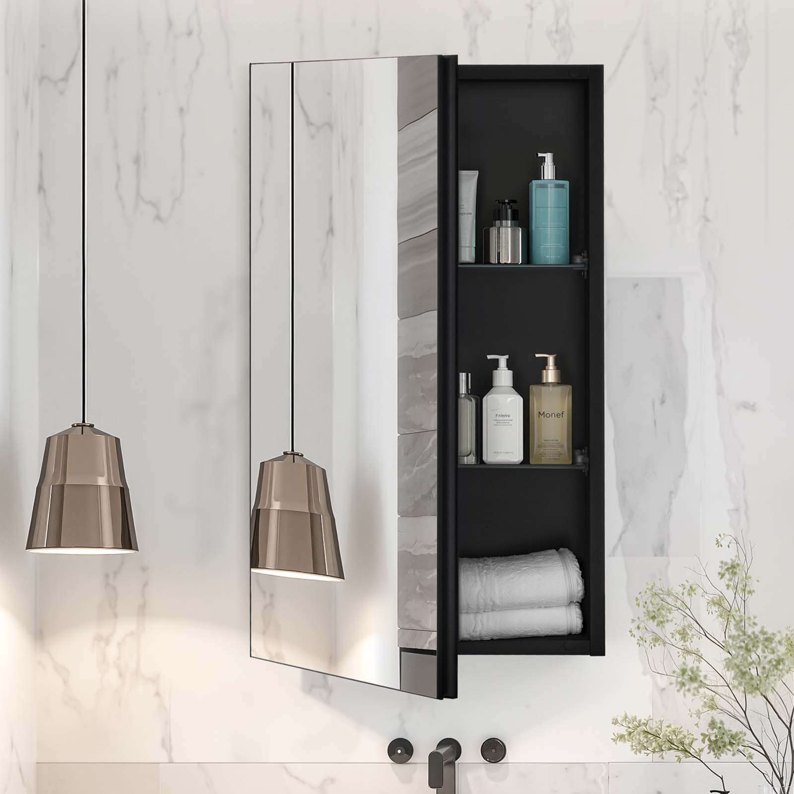 VEVOR Spiegelmedicijnkast (355 x 135 x 610 mm) voor badkamer met dubbele spiegel en verstelbare glazen planken, ingebouwd en aan de muur bevestigd, aluminium frame, badkamerkast