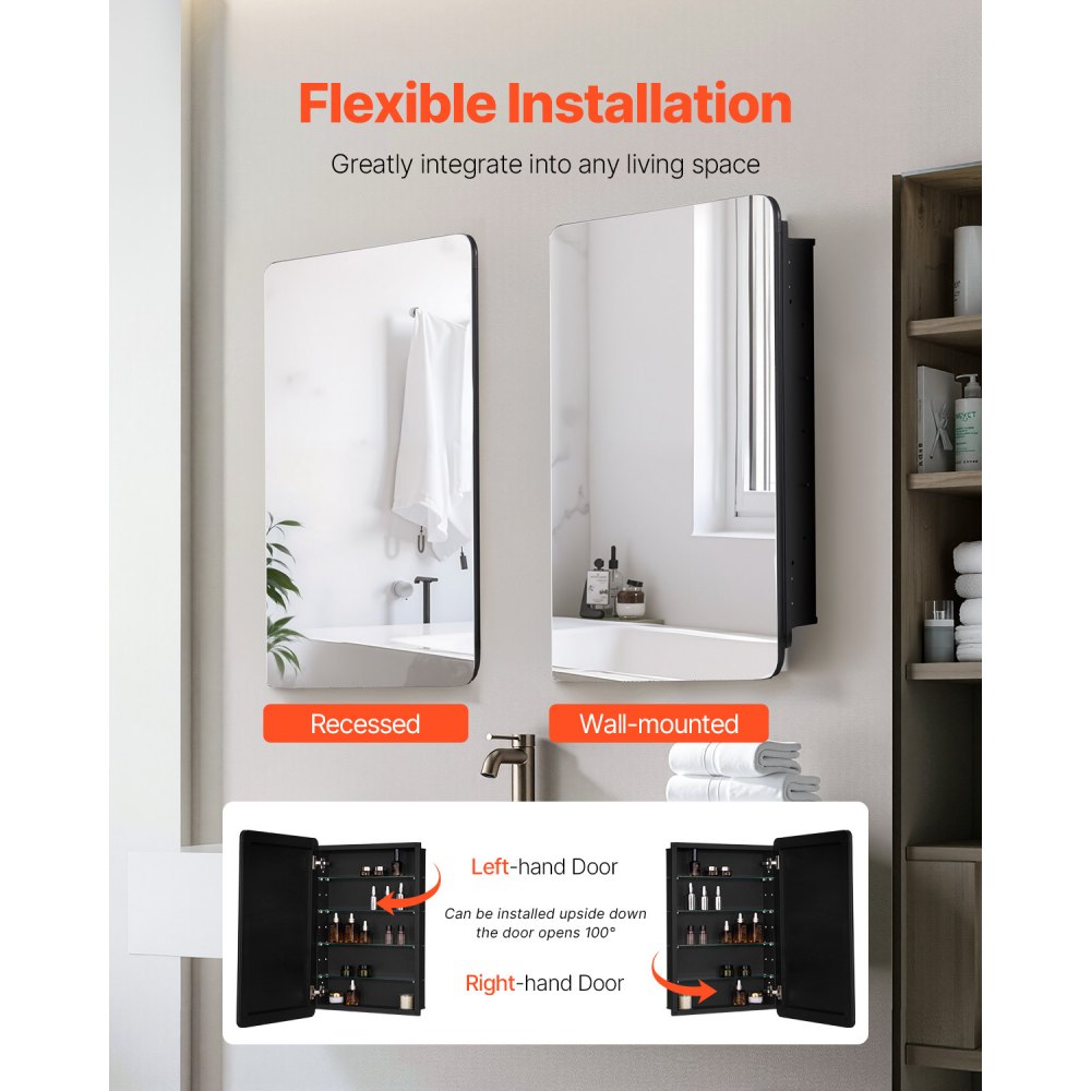 VEVOR Medicijnkast Spiegelmedicijnkast (508 x 126 x 762 mm) voor badkamer met spiegeldeur en verstelbare glazen planken, ingebouwd en aan de muur bevestigd, aluminium frame, spiegelkast badkamerkast