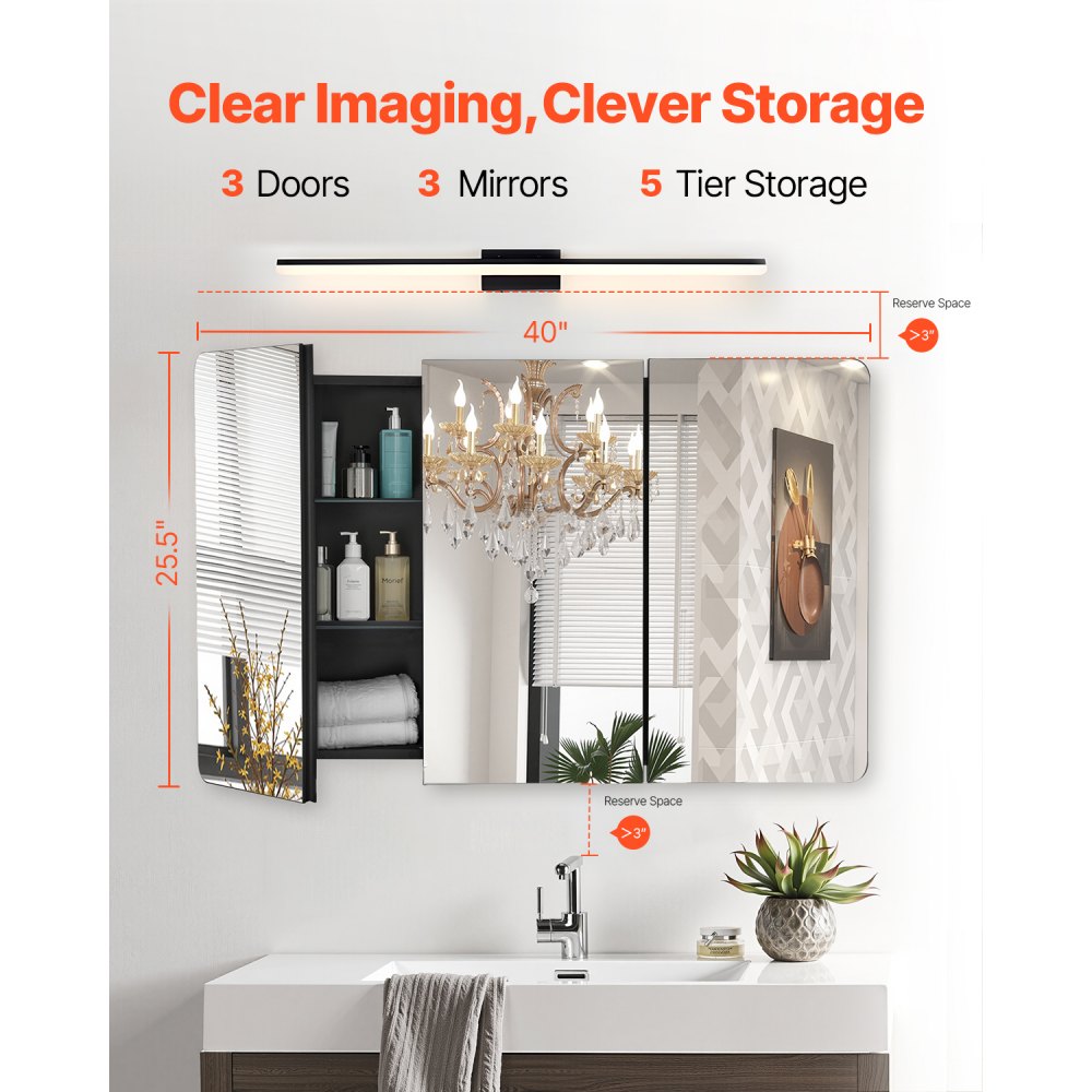 VEVOR Spiegelmedicijnkast (1017 x 135 x 647 mm) voor badkamer met 3 deuren en 3 spiegels, ingebouwd en aan de muur bevestigd, aluminium frame, badkamerkast
