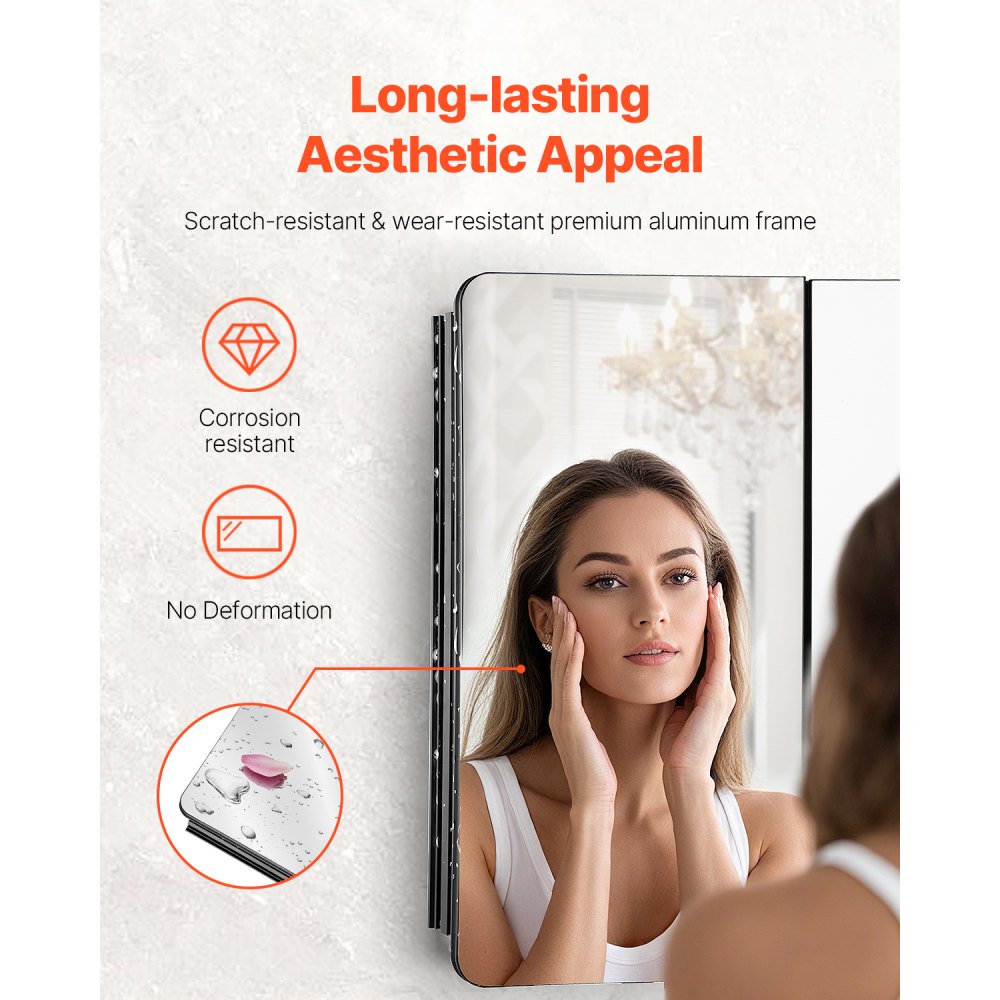 VEVOR Spiegelmedicijnkast (1017 x 135 x 647 mm) voor badkamer met 3 deuren en 3 spiegels, ingebouwd en aan de muur bevestigd, aluminium frame, badkamerkast