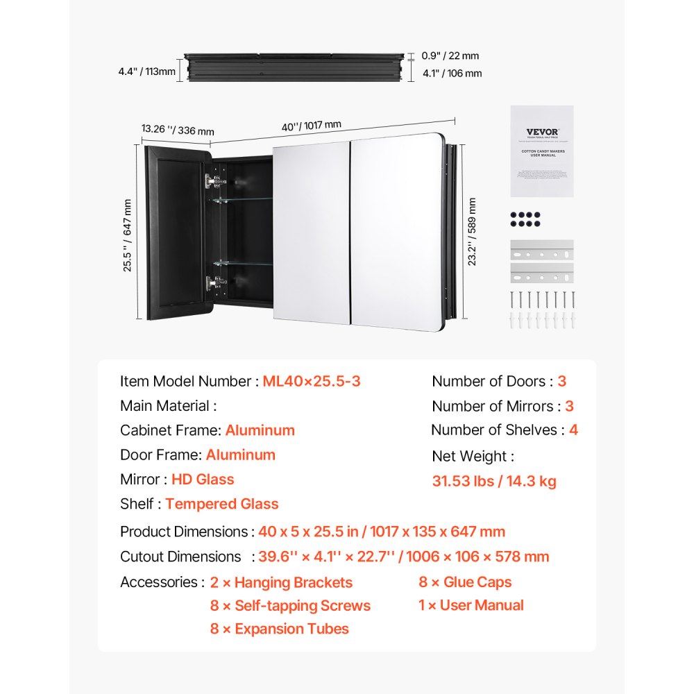 VEVOR Spiegelmedicijnkast (1017 x 135 x 647 mm) voor badkamer met 3 deuren en 3 spiegels, ingebouwd en aan de muur bevestigd, aluminium frame, badkamerkast
