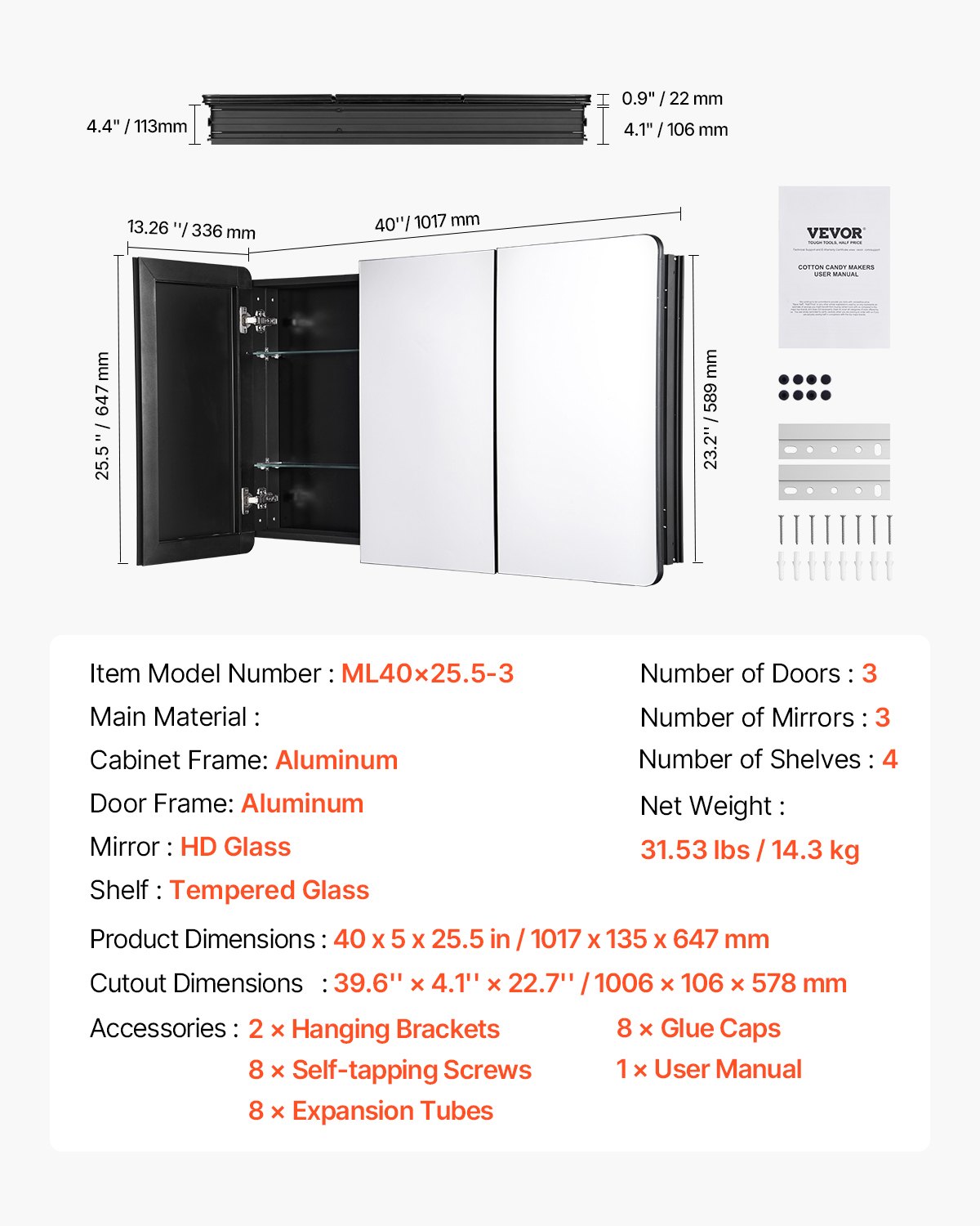 VEVOR Spiegelmedicijnkast (1017 x 135 x 647 mm) voor badkamer met 3 deuren en 3 spiegels, ingebouwd en aan de muur bevestigd, aluminium frame, badkamerkast