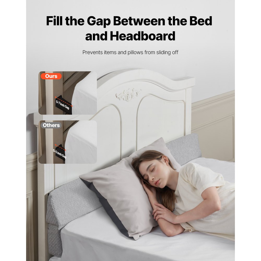 VEVOR Bed Wedge Pillow for Headboard, Queen Size, 60"x6"x6" Foam Bed Gap Filler - Fill 0-7" Gap, Versatile Flip-Over Mattress Wedge Headboard Pillow with Anti-Slip Bottom, for Sleeping Backrest, Gray