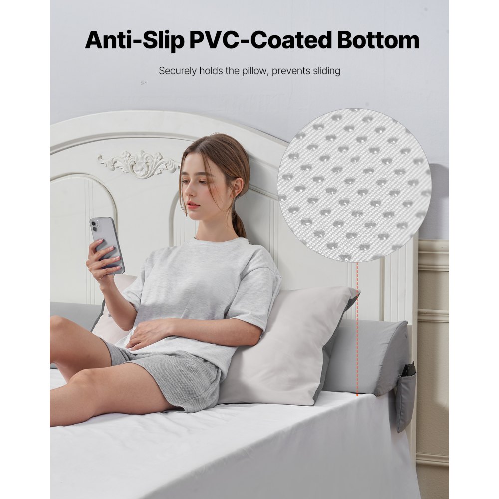 VEVOR Bed Wedge Pillow for Headboard, King Size, 72"x10"x6" Bed Gap Filler, Fill 0-7" Gap Between Headboard and Mattress, 25D Foam Mattress Wedge Headboard Pillow with Side Pocket, for Backrest, Gray