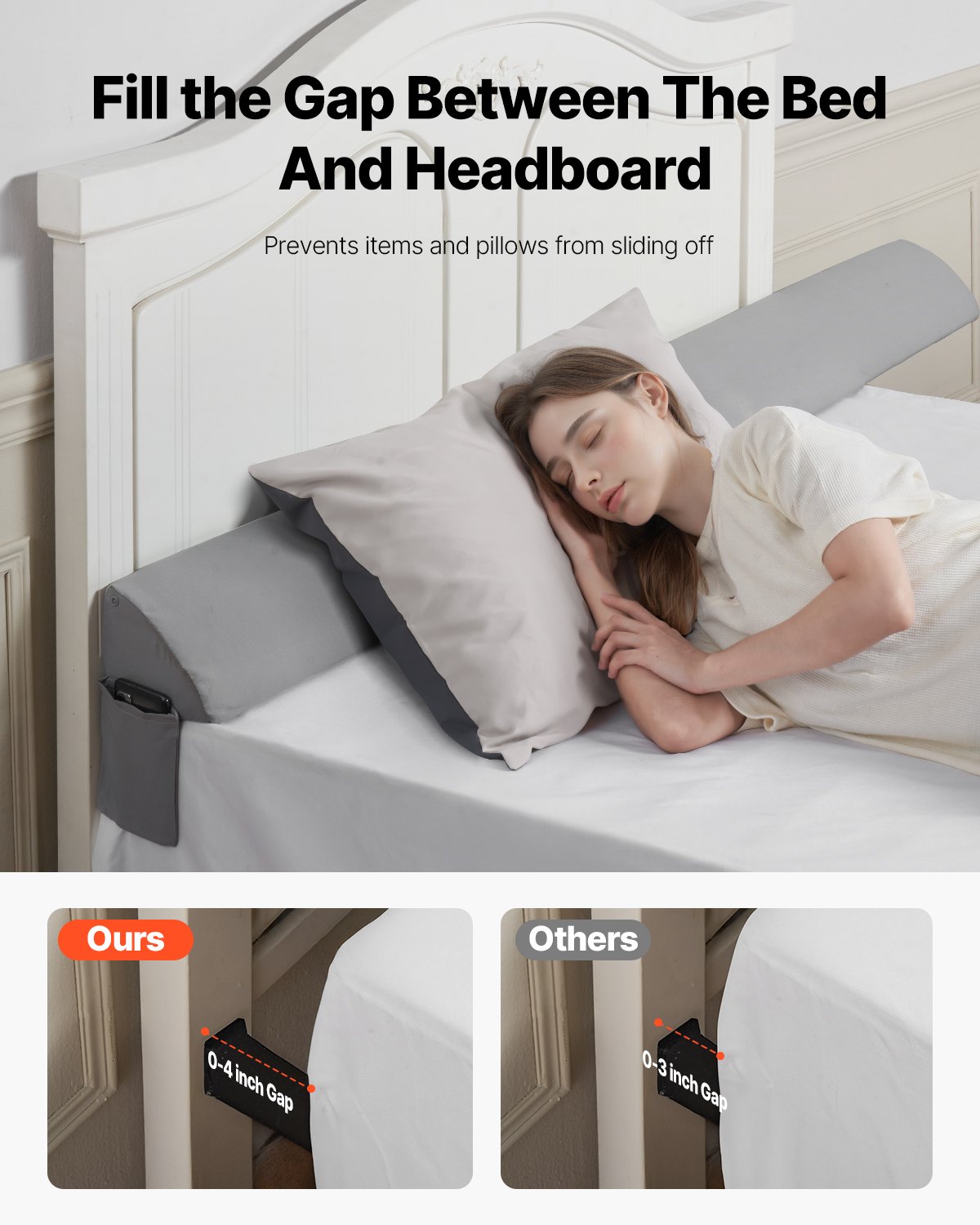 VEVOR Bed Wedge Pillow for Headboard, King Size, 76"x6"x4.5" Bed Gap Filler, Fill 0-4" Gap Between Headboard and Mattress, 25D Foam Mattress Wedge Headboard Pillow with Side Pocket, for Backrest, Gray