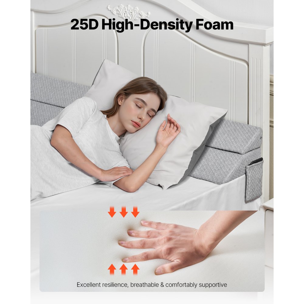 VEVOR Bed Wedge Pillow for Headboard, King Size, 76"x10"x6" Bed Gap Filler, Fill 0-7" Gap Between Headboard and Mattress, 25D Foam Mattress Wedge Headboard Pillow with Side Pocket, for Backrest, Gray