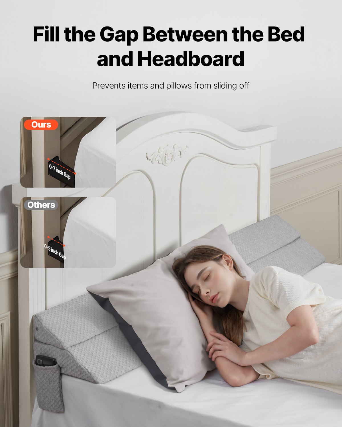 VEVOR Bed Wedge Pillow for Headboard, King Size, 76"x10"x6" Bed Gap Filler, Fill 0-7" Gap Between Headboard and Mattress, 25D Foam Mattress Wedge Headboard Pillow with Side Pocket, for Backrest, Gray