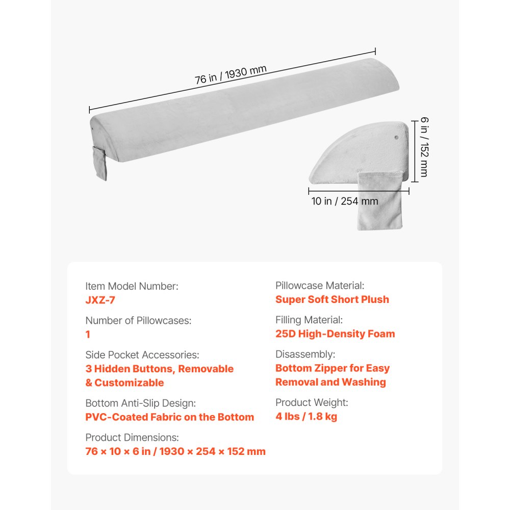 VEVOR Bed Wedge Pillow for Headboard, King Size, 76"x10"x6" Bed Gap Filler, Fill 0-7" Gap Between Headboard and Mattress, Soft Plush Mattress Wedge Headboard Pillow with Side Pocket, for Backrest Gray