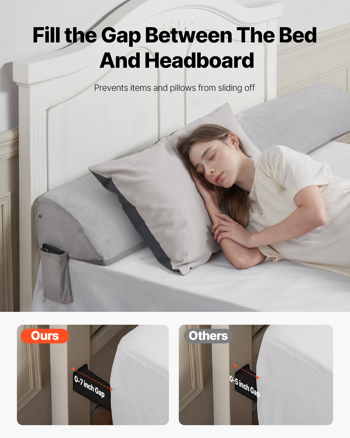 VEVOR Bed Wedge Pillow for Headboard, King Size, 76"x10"x6" Bed Gap Filler, Fill 0-7" Gap Between Headboard and Mattress, Soft Plush Mattress Wedge Headboard Pillow with Side Pocket, for Backrest Gray