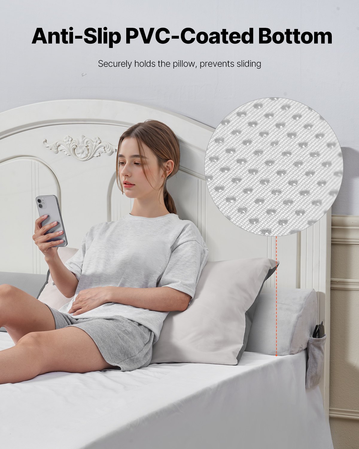 VEVOR Bed Wedge Pillow for Headboard, King Size, 76"x10"x6" Bed Gap Filler, Fill 0-7" Gap Between Headboard and Mattress, Soft Plush Mattress Wedge Headboard Pillow with Side Pocket, for Backrest Gray