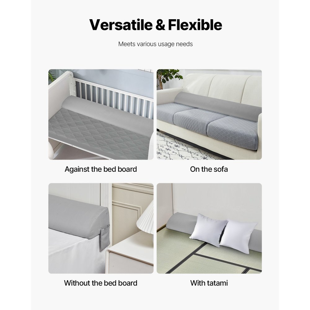 VEVOR Bed Wedge Pillow for Headboard, King Size, 76"x8"x6" Bed Gap Filler, Fill 0-5" Gap Between Headboard and Mattress, 25D Foam Mattress Wedge Headboard Pillow with Side Pocket, for Backrest, Gray