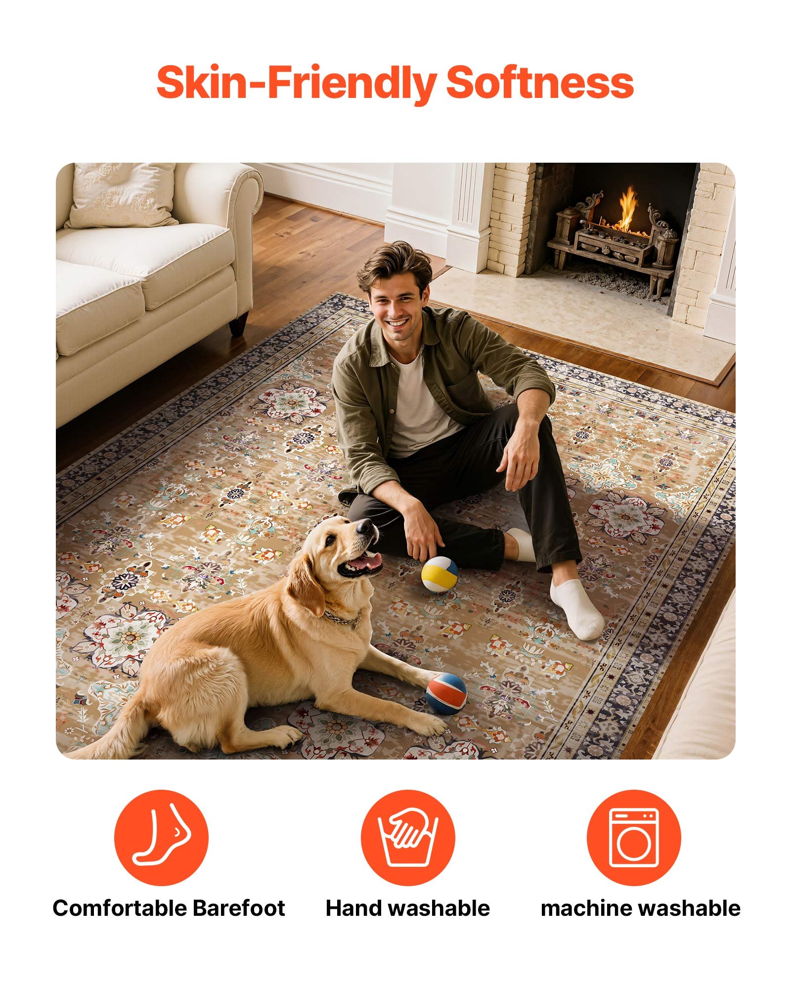 VEVOR Area Rug, 6 x 9 ft Large Washable Rug, Non-Slip and Tear-Resistant Soft Carpet, Pet & Child Friendly Vintage Area Rugs, Indoor Mat for Bedroom, Living Room, Kids Room, Entryway, Brown Green