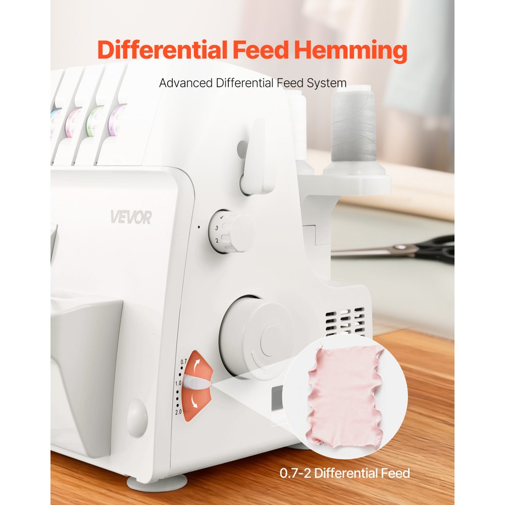VEVOR Overlock naaimachine, 1250 steken per minuut, geschikt voor 2-3-4 draden, instelbare differentieeltransport (0,7-2), met vrije arm en LED-verlichting, naaimachine voor diverse stoffen, wit